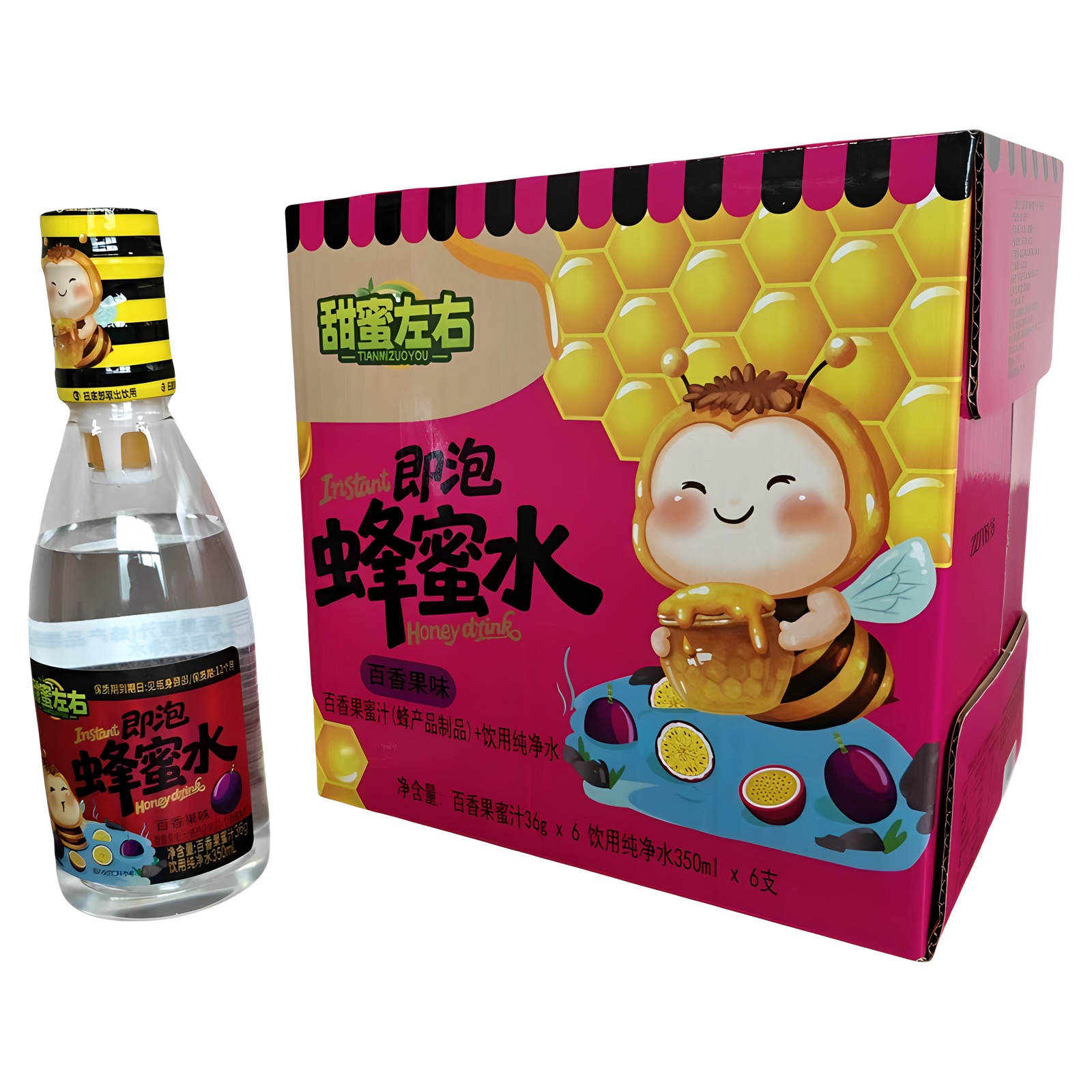 甜蜜左右百香果味即泡蜂蜜水与六瓶装组合包装